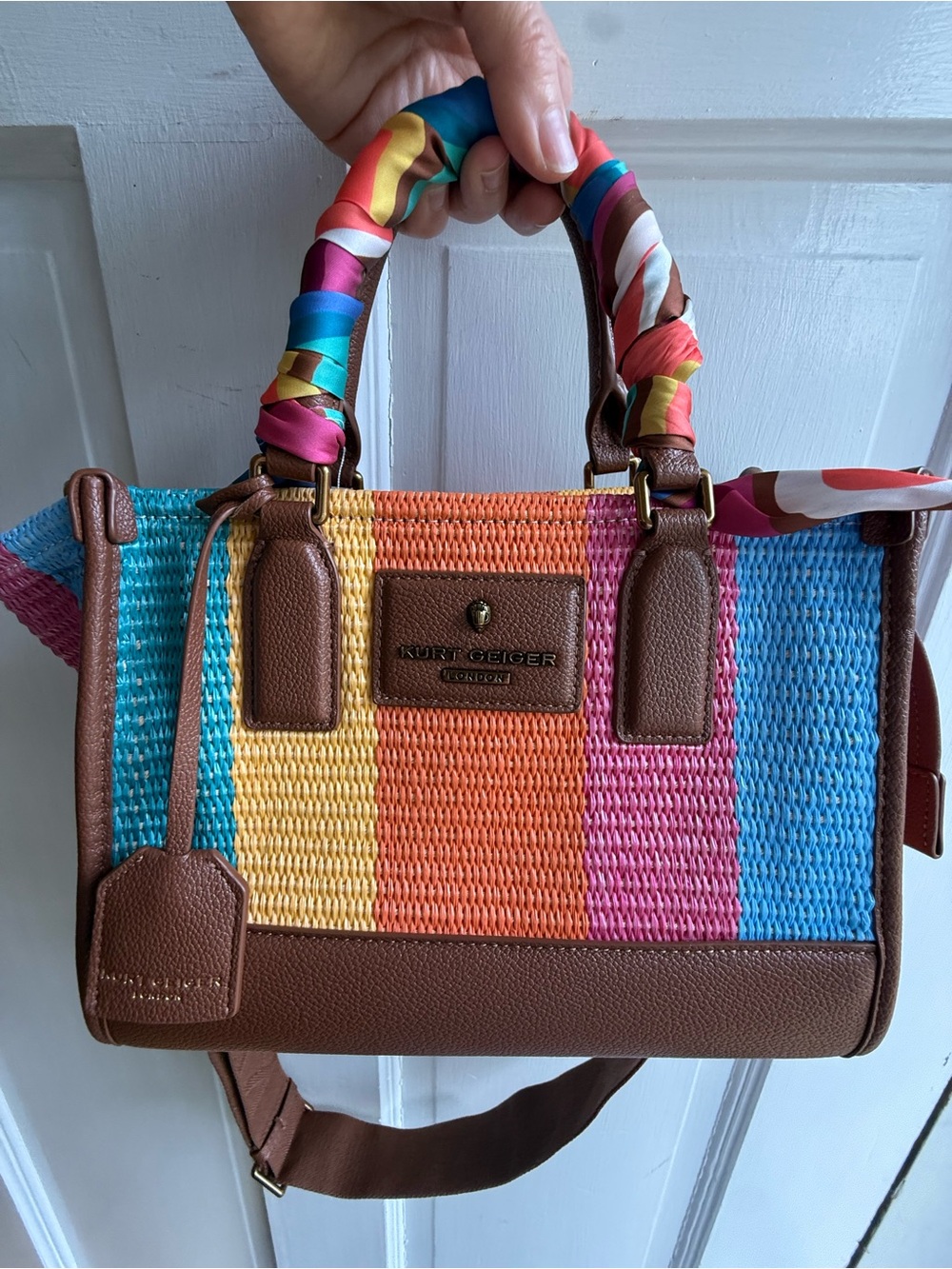 Kurt Geiger Multicolor Striped Woven Satchel with Brown Trim